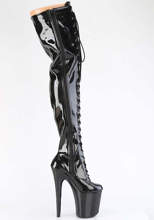 Black Glitter Flamingo-3020GP Platform Thigh High Boots [PREORDER]