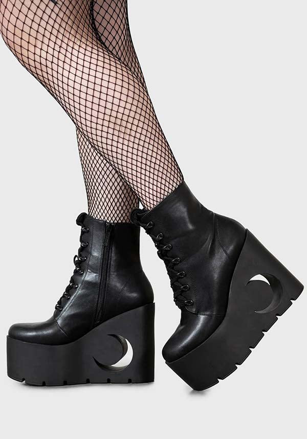 Crescent Faux Leather Platform Boots with Unique Cut - Out Design