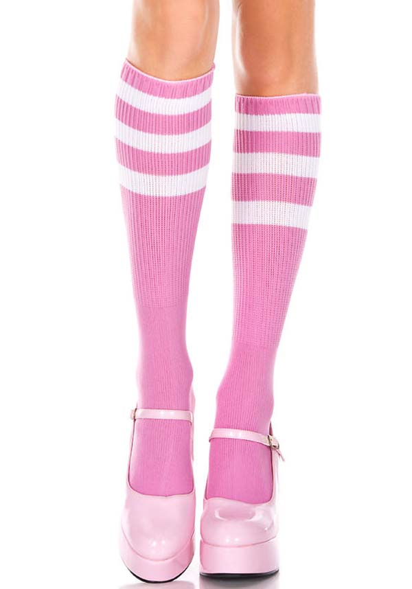 Music Legs Playful Pink and White Triple Stripe Knee High Socks for Fashionable Wear