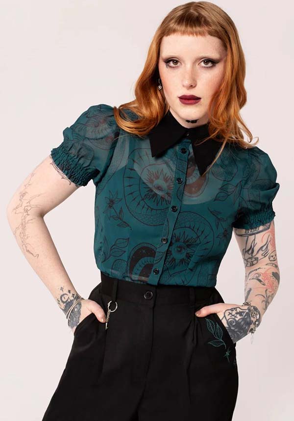 Hell Bunny Dark Green Venom Chiffon Top with Snake & Star Prints