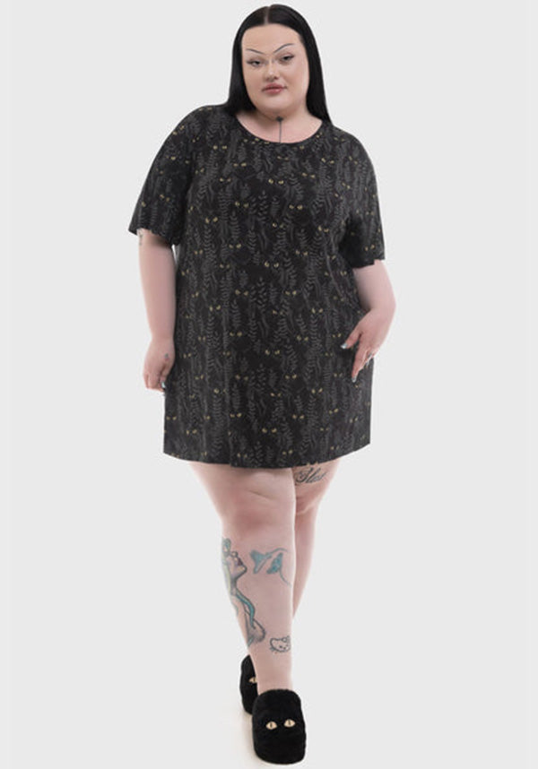 Familiar Woods Themed Cat Print Short Sleeve Mini T-Shirt Dress