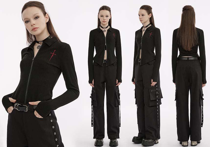 Elastic Knit Long-Sleeve Top with Dagger Embroidery