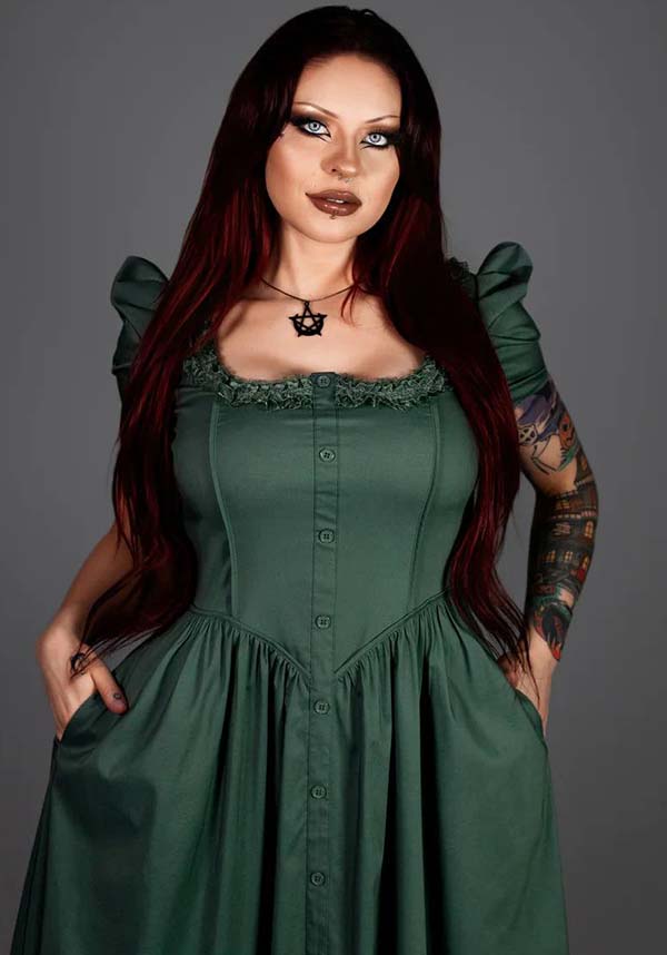 Lively Ghosts' Enchanting Sage Green Claude Monet Gothic Dress