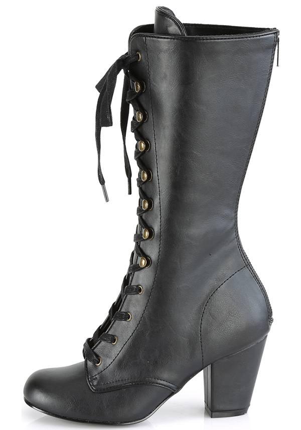 VIVIKA-205 Black Pre-order Mid-Calf Round Toe Lace-Up Boots by Demononia
