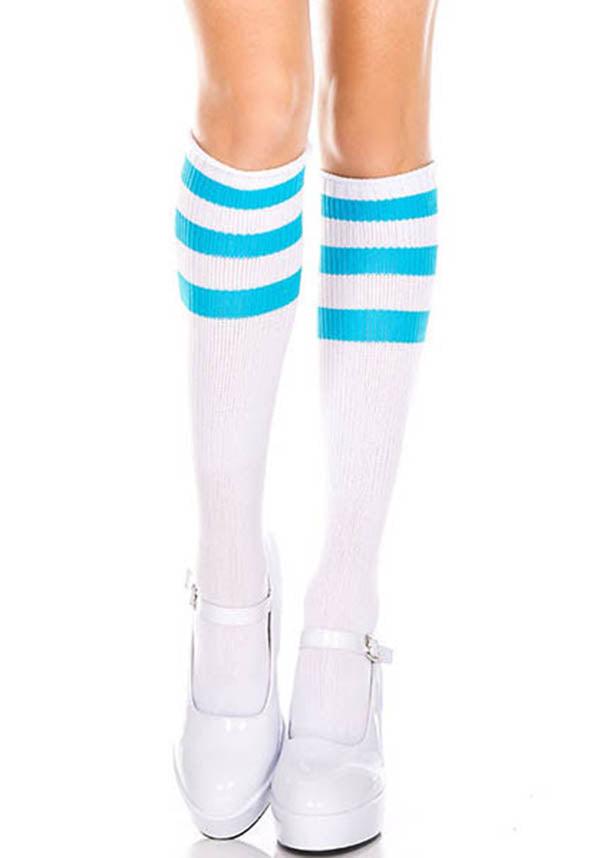 Adorable White and Neon Blue Triple Stripe Knee - High Socks