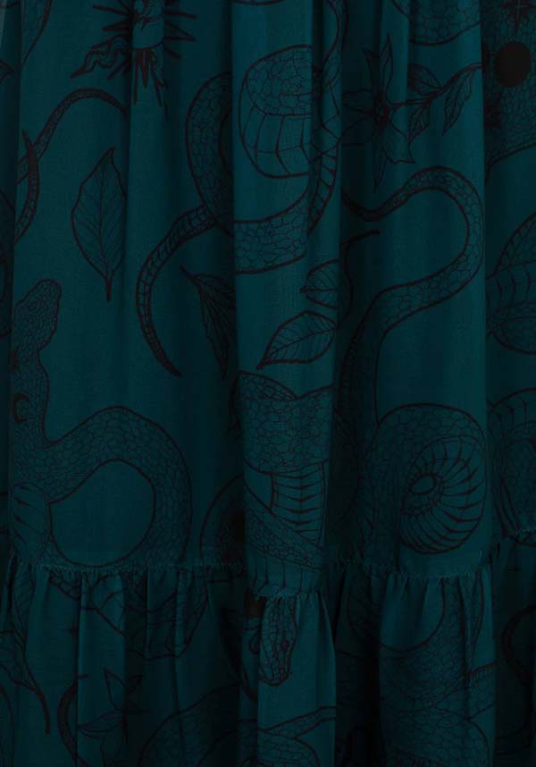 Hell Bunny Dark Green Venom Chiffon Midi Skirt with Snake & Star Prints