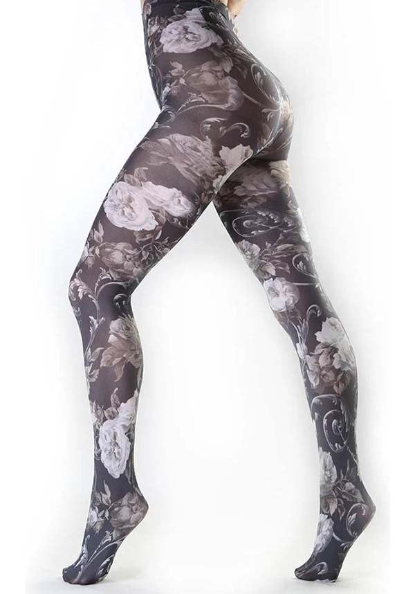 Pamela Mann Twilight Floral Printed Tights in Black and White Color Scheme