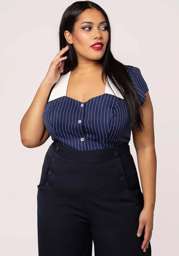 Hell Bunny Costello Retro Navy and White Pinstriped Top for a Timeless Look