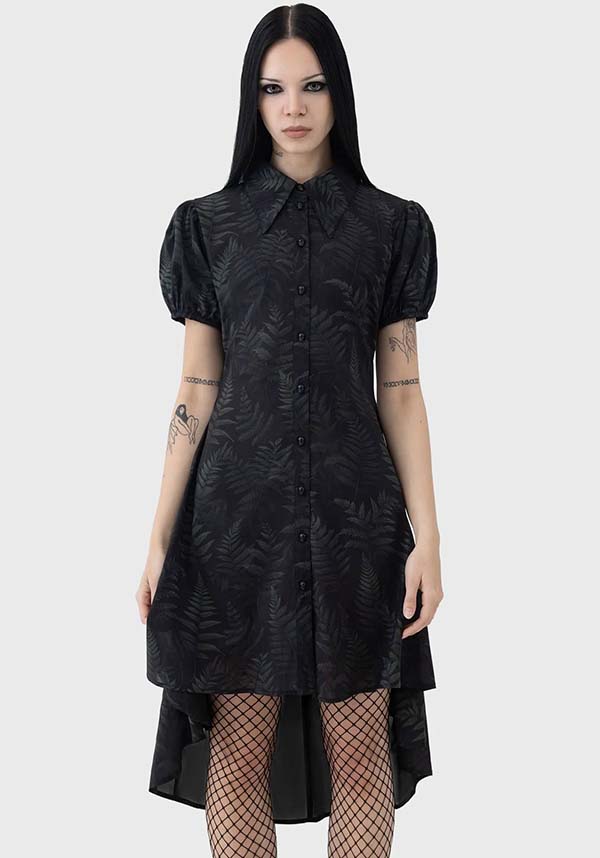 Equinoxx Fern Print Stretch Shirt Dress with Skull Button Detail