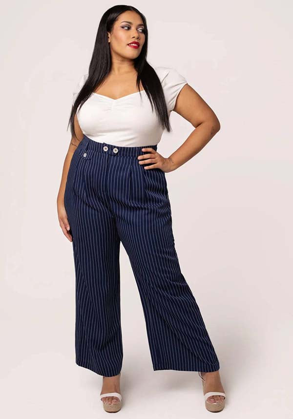 Hell Bunny Costello Navy Wide-Leg Retro Pinstripe Pants