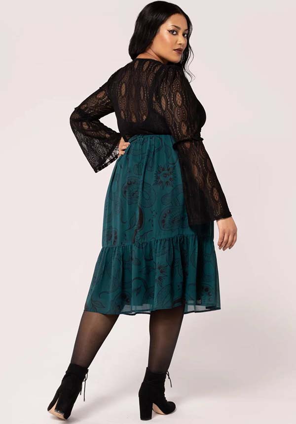 Hell Bunny Dark Green Venom Chiffon Midi Skirt with Snake & Star Prints