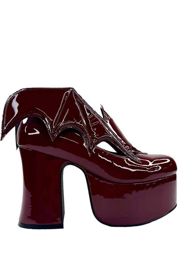 YRU Oxblood Vegan Platform Heels with Bat Wing Detail