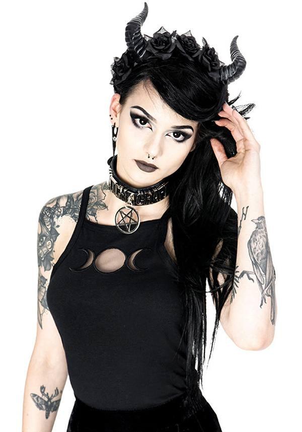 Triple Goddess Black Gothic Top with Moon Phase Mesh Cut-Outs