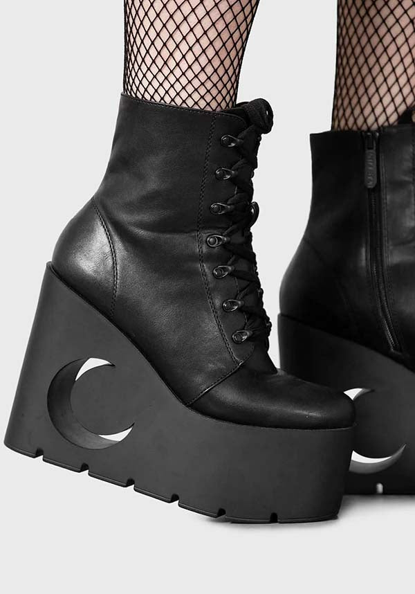 Crescent Faux Leather Platform Boots with Unique Cut - Out Design