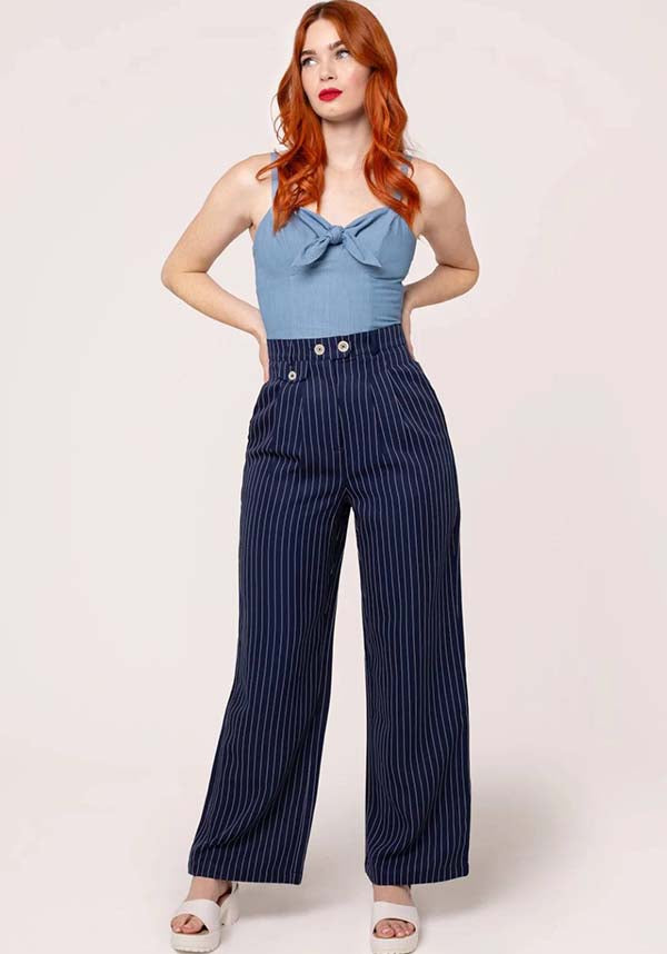 Hell Bunny Costello Navy Wide-Leg Retro Pinstripe Pants