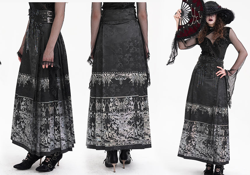 Devil Fashion Luxury Black Floral Jacquard Maxi Skirt