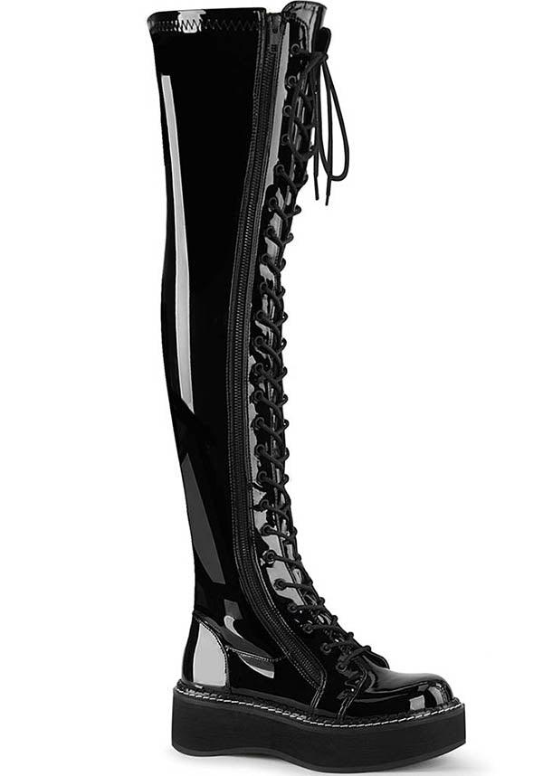 EMILY-375 Thigh-High Lace-Up Boots in Black Patent Leather - Preorder Available
