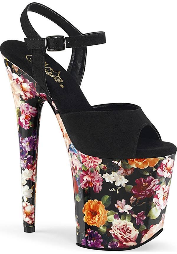 Flamingo-809WR Black Suede and Flower Print Platform Heels for Women - Preorder