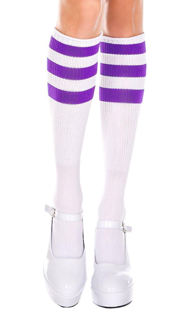 Stylish White and Purple Triple Stripe Knee - High Acrylic Socks