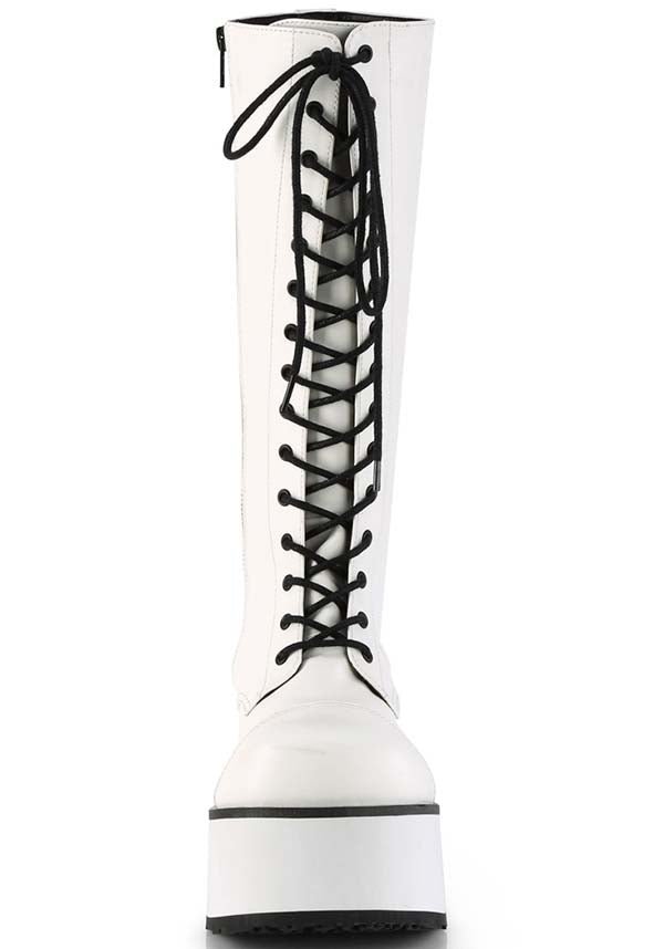 PRE-ORDER: White Demonia TRASHVILLE-502 Platform Knee High Lace-Up Boots