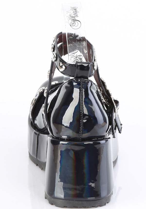 Demonia CUBBY-25 Flats in Black Holo Patent - Preorder