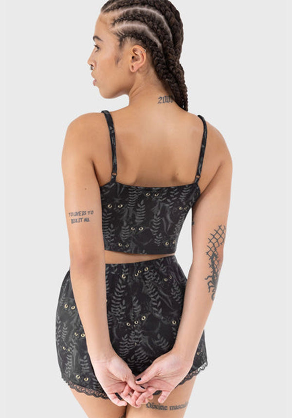Stylish Familiar Woods Cropped TOP with Cat Print