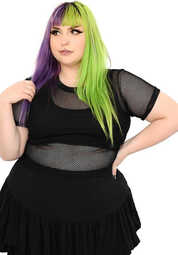 High - Quality Black Fishnet Short Sleeve Crop Top for a Mall Goth Look