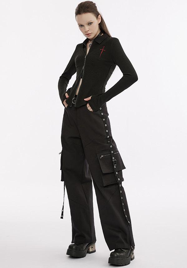 Elastic Knit Long-Sleeve Top with Dagger Embroidery