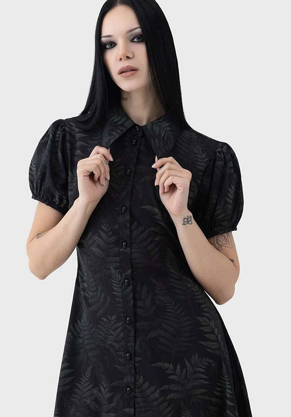 Equinoxx Fern Print Stretch Shirt Dress with Skull Button Detail