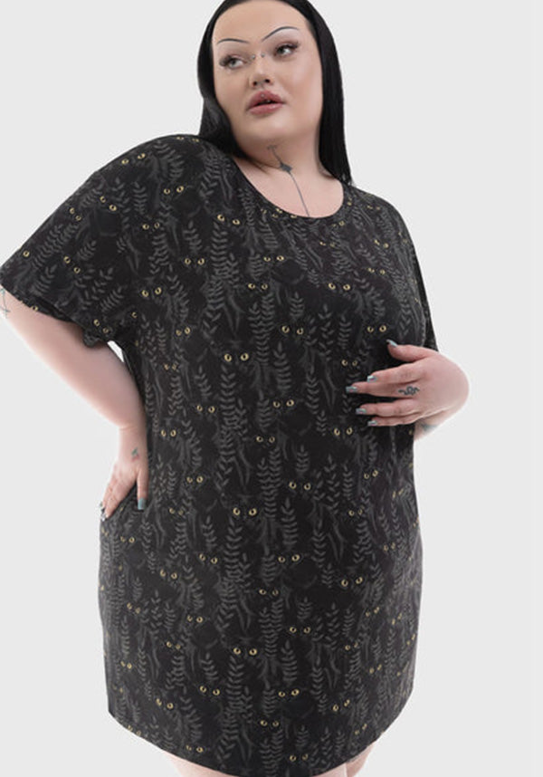 Familiar Woods Themed Cat Print Short Sleeve Mini T-Shirt Dress