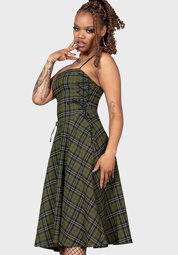 Elyswyth Tartan Midi Dress with Faux Leather Details