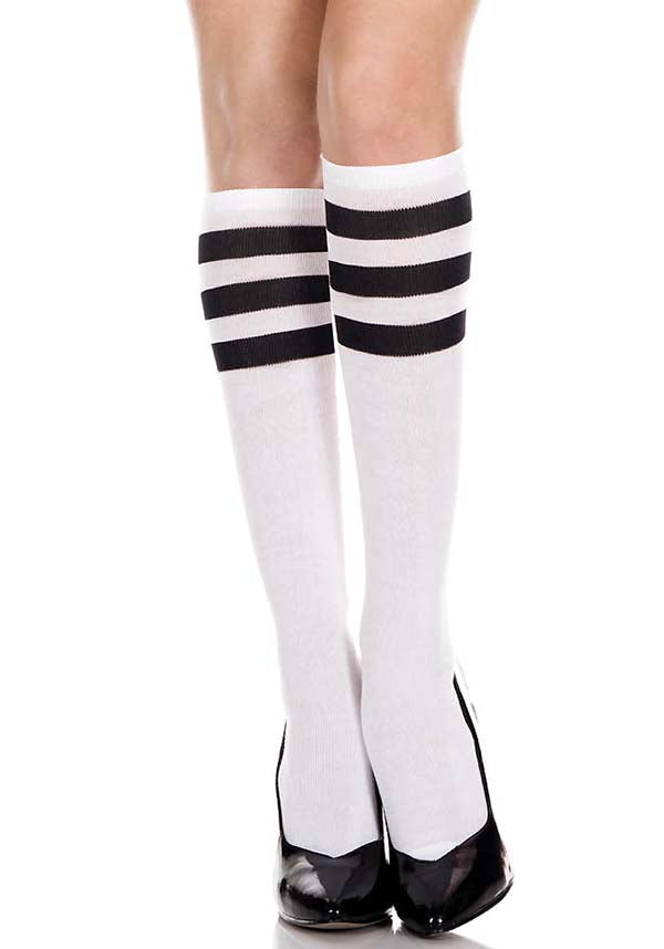 Music Legs White and Black Triple Stripe Knee High Hosiery Socks