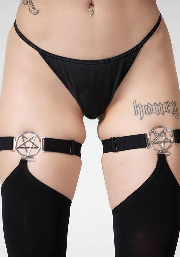 Fiendish Adjustable Hold - Up Stretch Stockings with Metal Pentagram Hardware