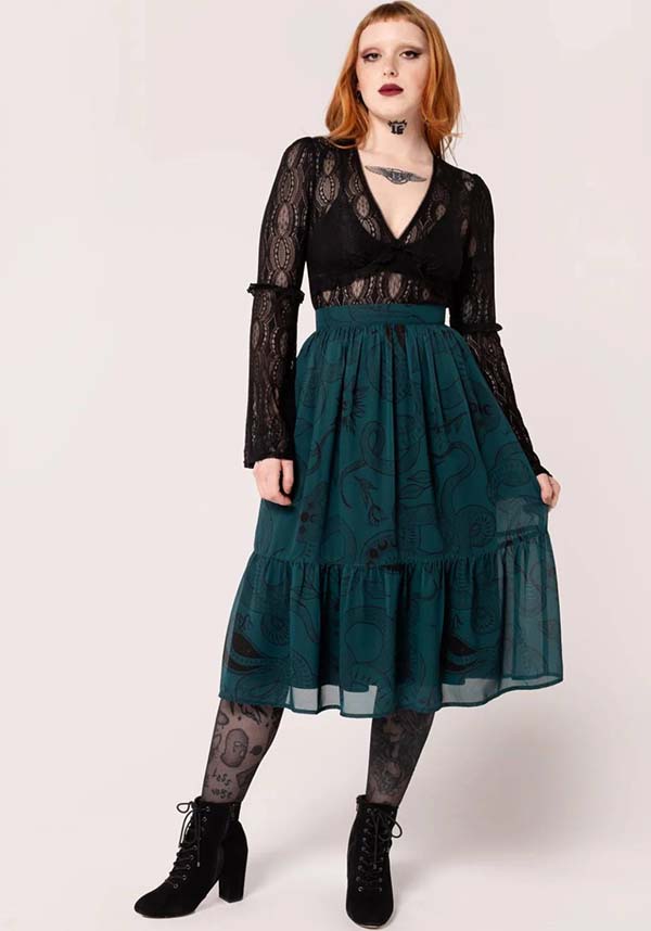 Hell Bunny Dark Green Venom Chiffon Midi Skirt with Snake & Star Prints