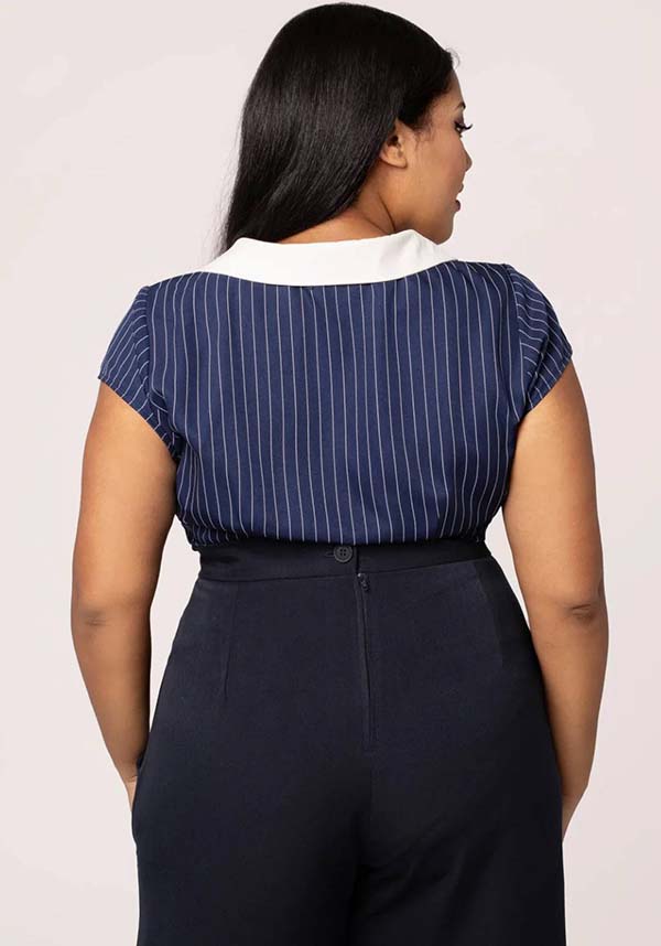 Hell Bunny Costello Retro Navy and White Pinstriped Top for a Timeless Look