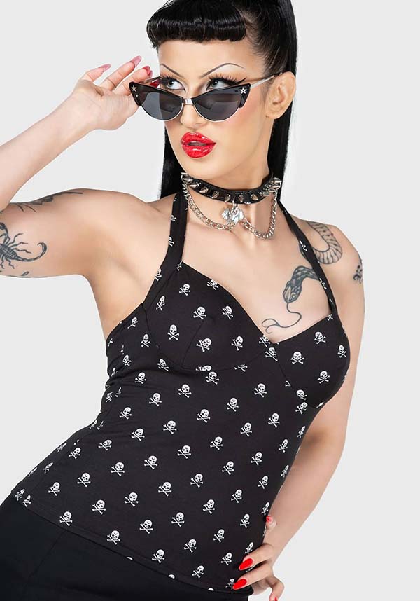 Flipped Halter Top - Fashionable Women's Stretch Halter Neck Top with Skull Print