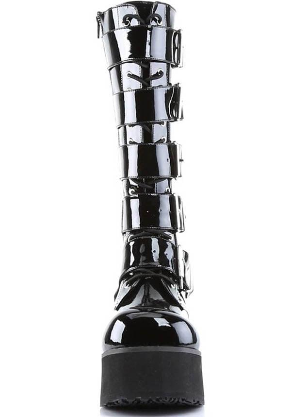 TRASHVILLE-518 Platform Lace-Up Knee High Boots in Black Patent - Preorder Available