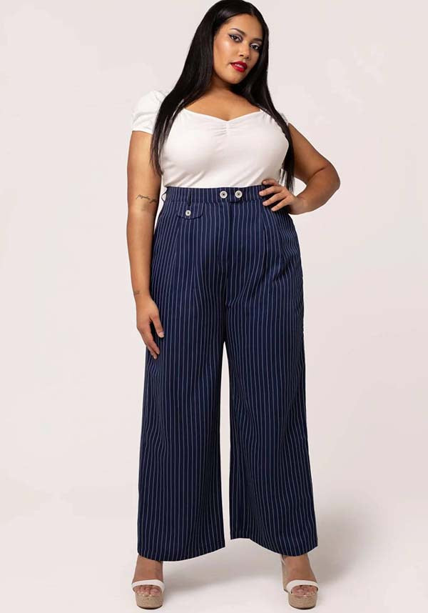 Hell Bunny Costello Navy Wide-Leg Retro Pinstripe Pants