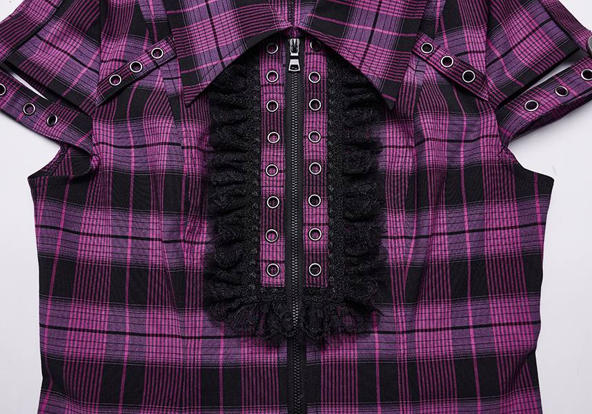 Magenta and Black Uriah Tartan Shirt with Delicate Lace Detailing