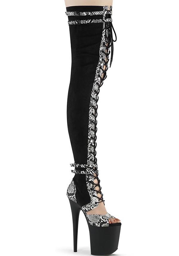 PREORDER! Flamingo-3027SP Black Faux Platform Heel Thigh High Boots