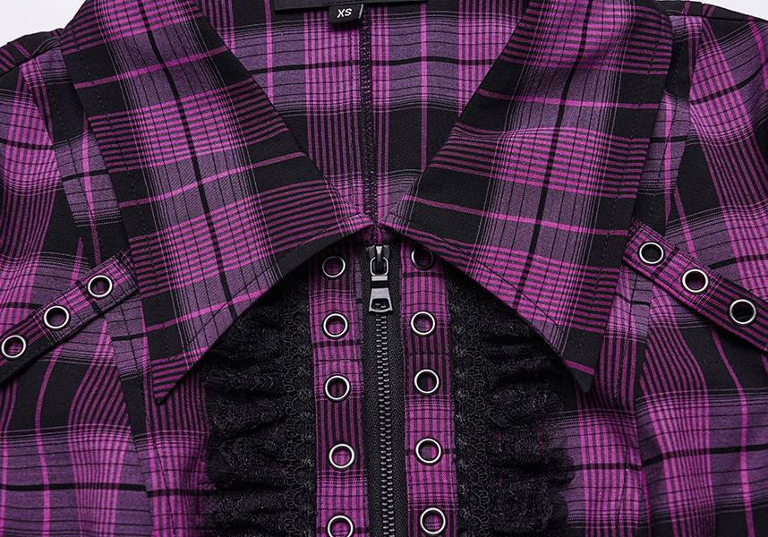 Magenta and Black Uriah Tartan Shirt with Delicate Lace Detailing