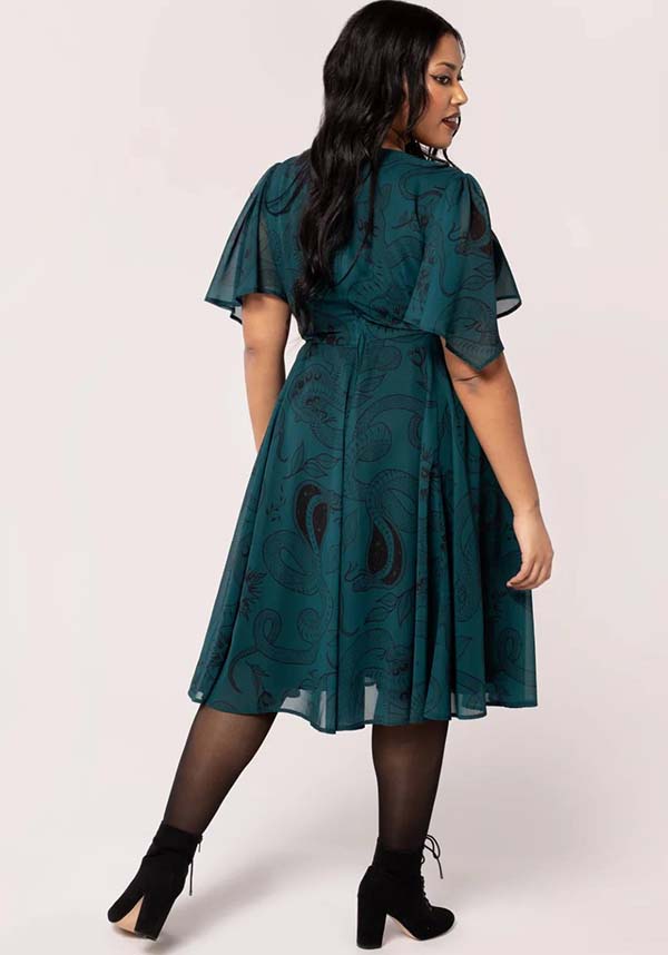 Hell Bunny Dark Green Venom MIDI Dress with Snake and Star Print