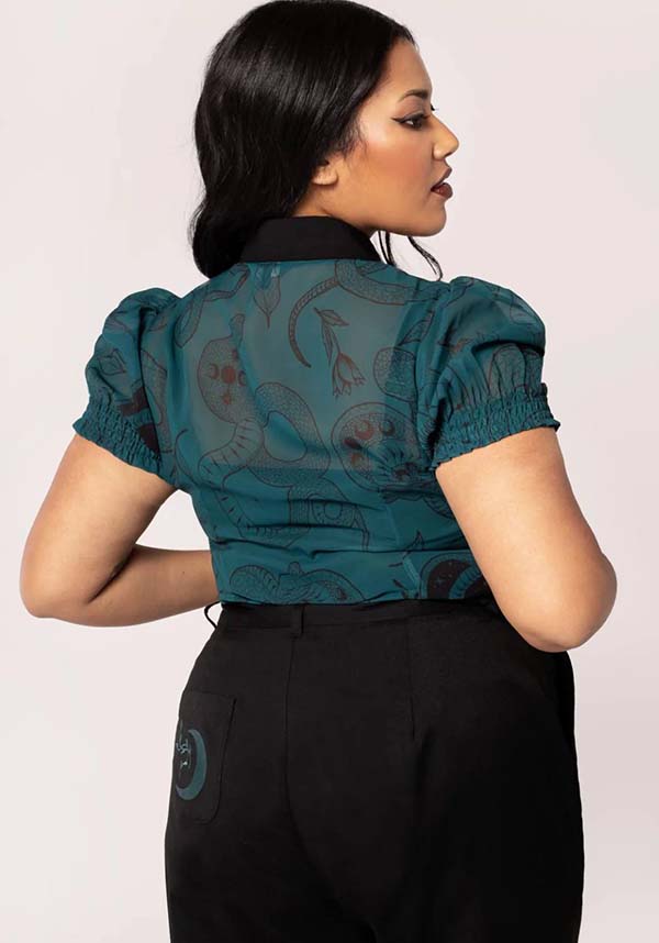 Hell Bunny Dark Green Venom Chiffon Top with Snake & Star Prints