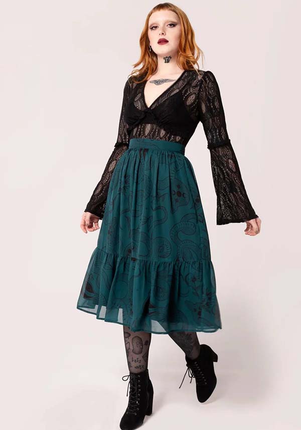 Hell Bunny Dark Green Venom Chiffon Midi Skirt with Snake & Star Prints