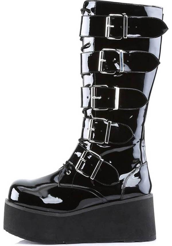 TRASHVILLE-518 Platform Lace-Up Knee High Boots in Black Patent - Preorder Available