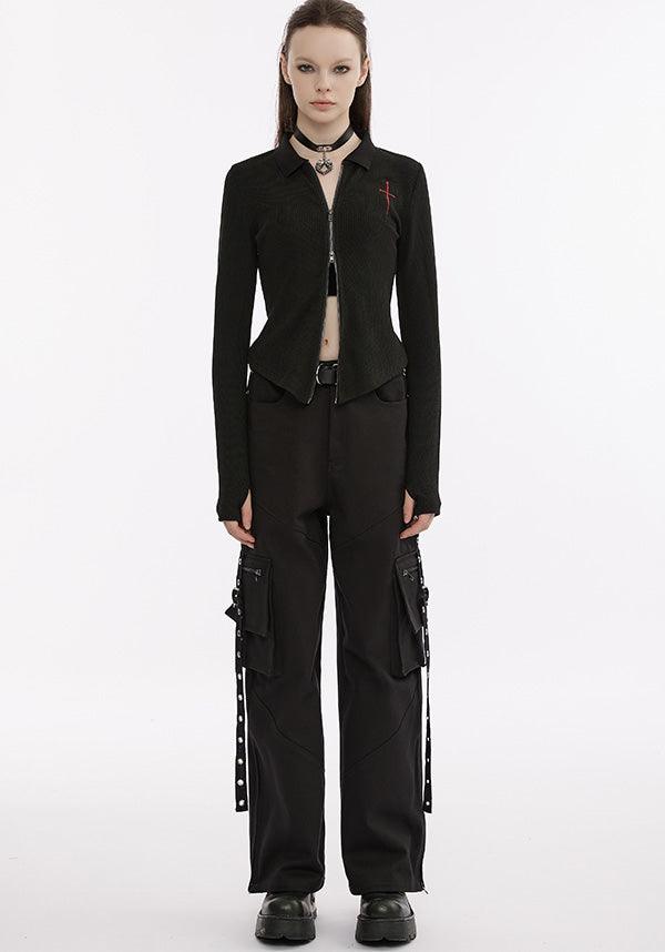 Elastic Knit Long-Sleeve Top with Dagger Embroidery