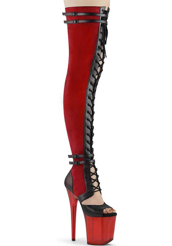 PREORDER FLAMINGO-3027 Red Platform Heel Open Toe Lace-Up Front Thigh High Boots