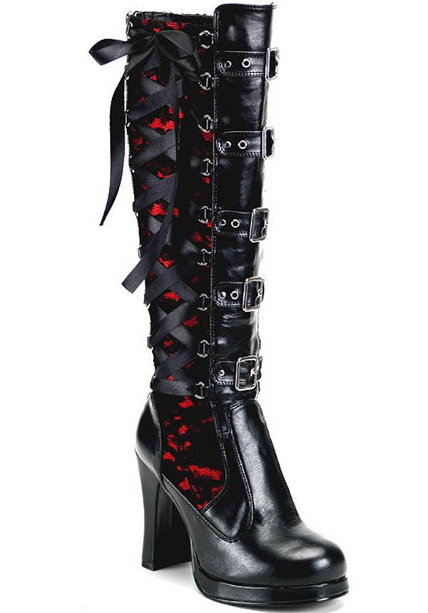 Preorder Demonia Crypto-106 Knee High Boots in Black/Red