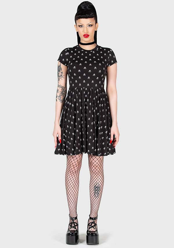 MINI FAKE OUT DRESS WITH SKULL PRINT AND ELASTICATED WAIST