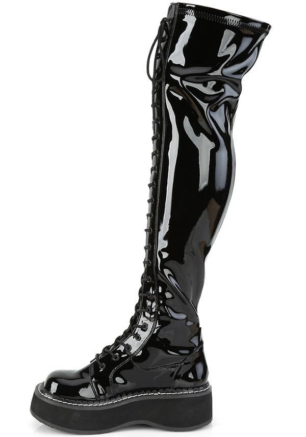 EMILY-375 Thigh-High Lace-Up Boots in Black Patent Leather - Preorder Available